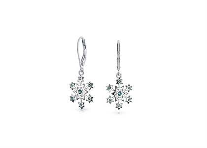 Rhodium Plated Snowflake Dangle Lever Back Earrings